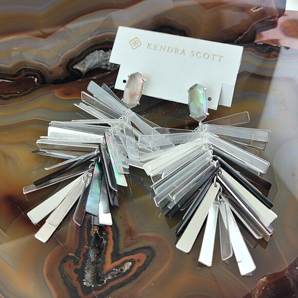 New Kendra Scott Justyne Statement Earrings Bright Silver Black MOP Neutral Mix - Picture 3 of 5